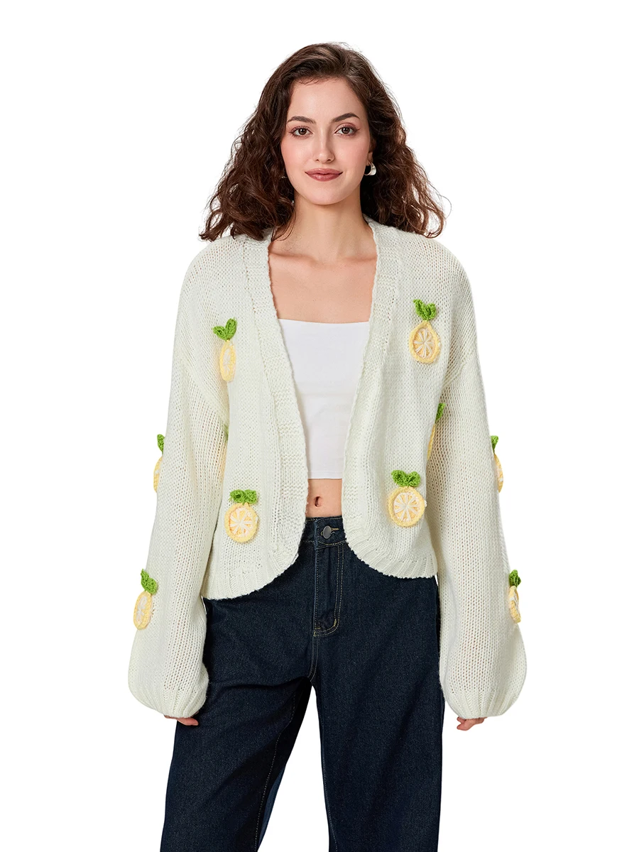 Women Knit Cardigan Long Sleeve Open Front Lemon Pattern Fall Casual Jacket Sweater