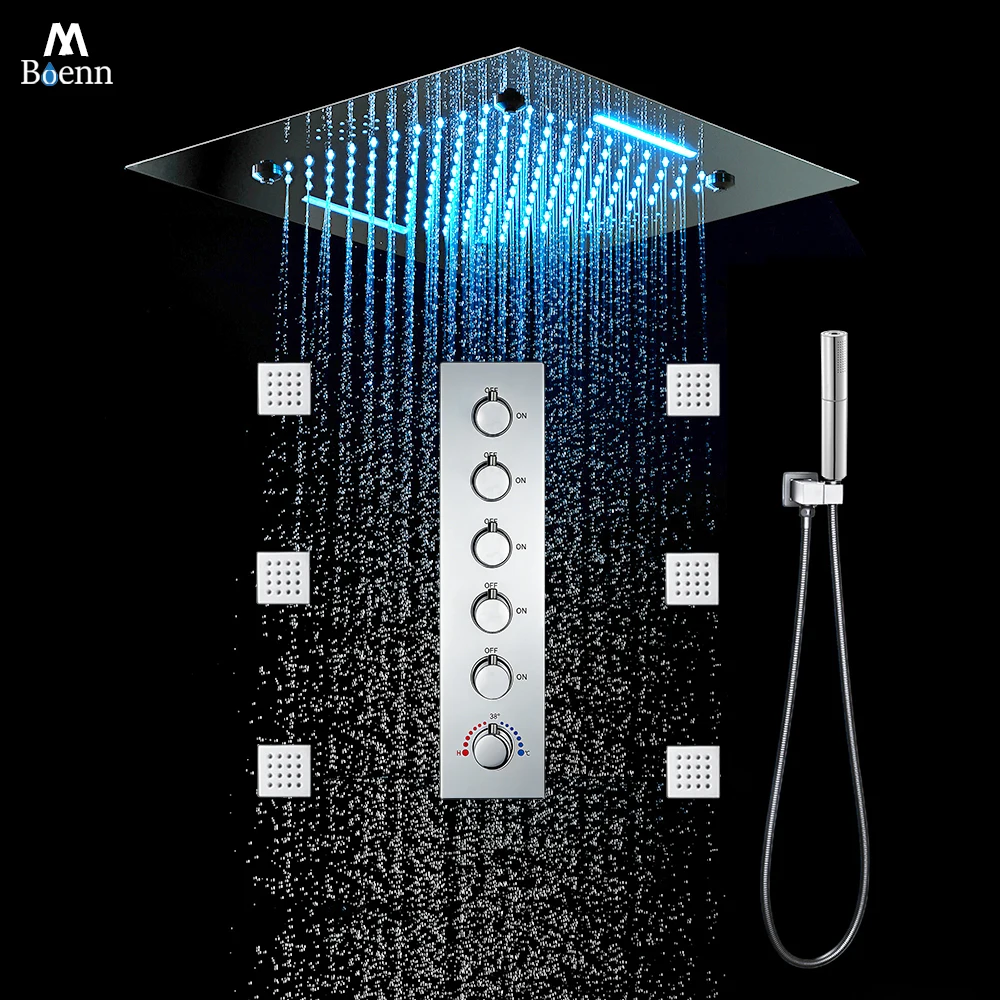 

M Boenn Large LED Shower Set 20 Inch Chrome Shower Head Rainfall Lavish Showers Experience Bathroom Faucet Thermostatic Diverter