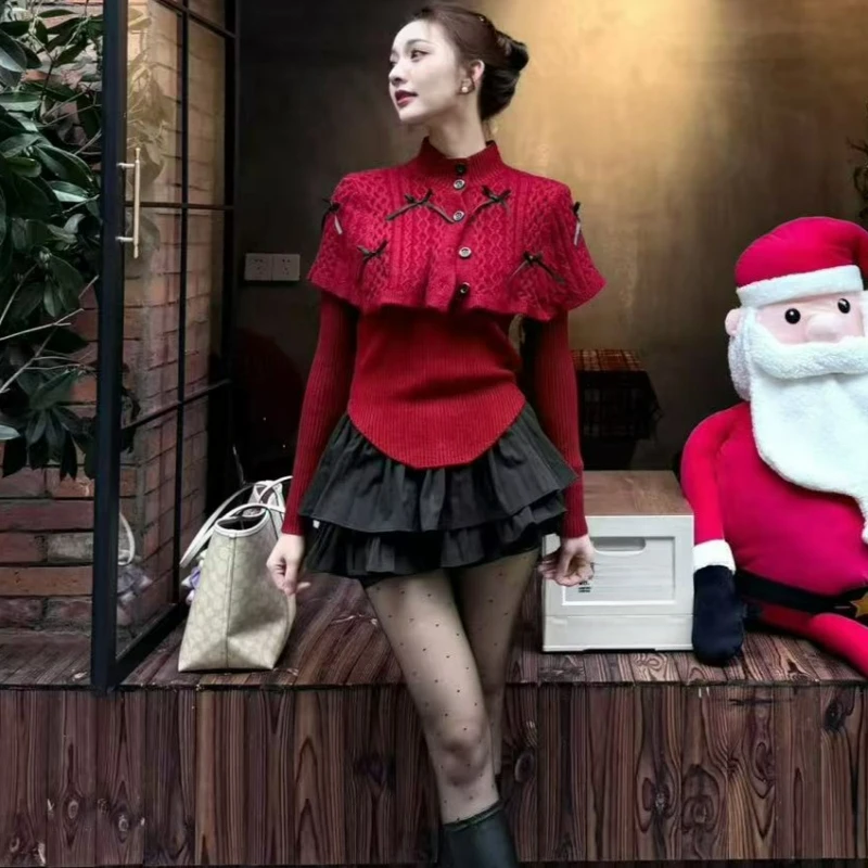 

2026 Autumn/winter Christmas New Year Red Bow High-neck Twisted Sweater Women Cape Shawl Patchwork Fake Two-piece Knitted Top