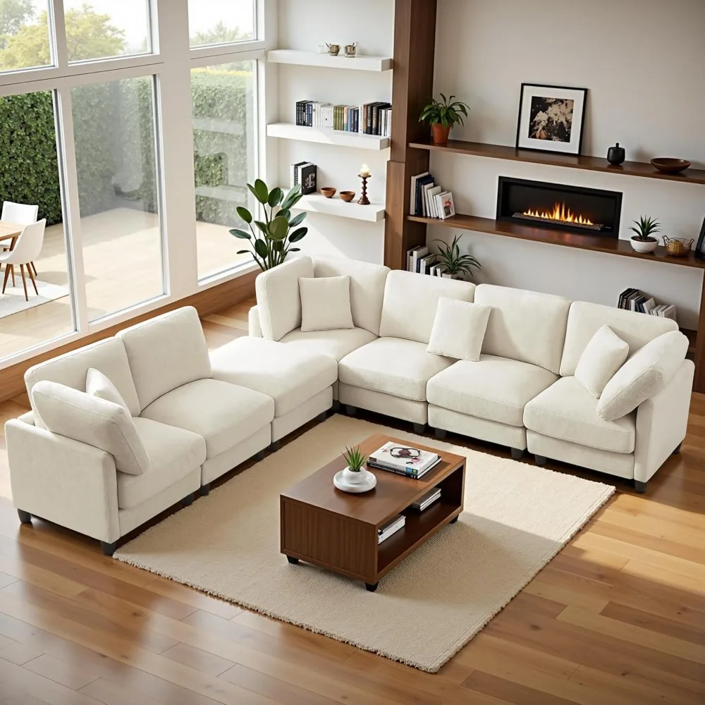 

121'' 7-Seater Modular Sectional Upholstered Couches, Chenille Cloud Couch with Movable Ottoman