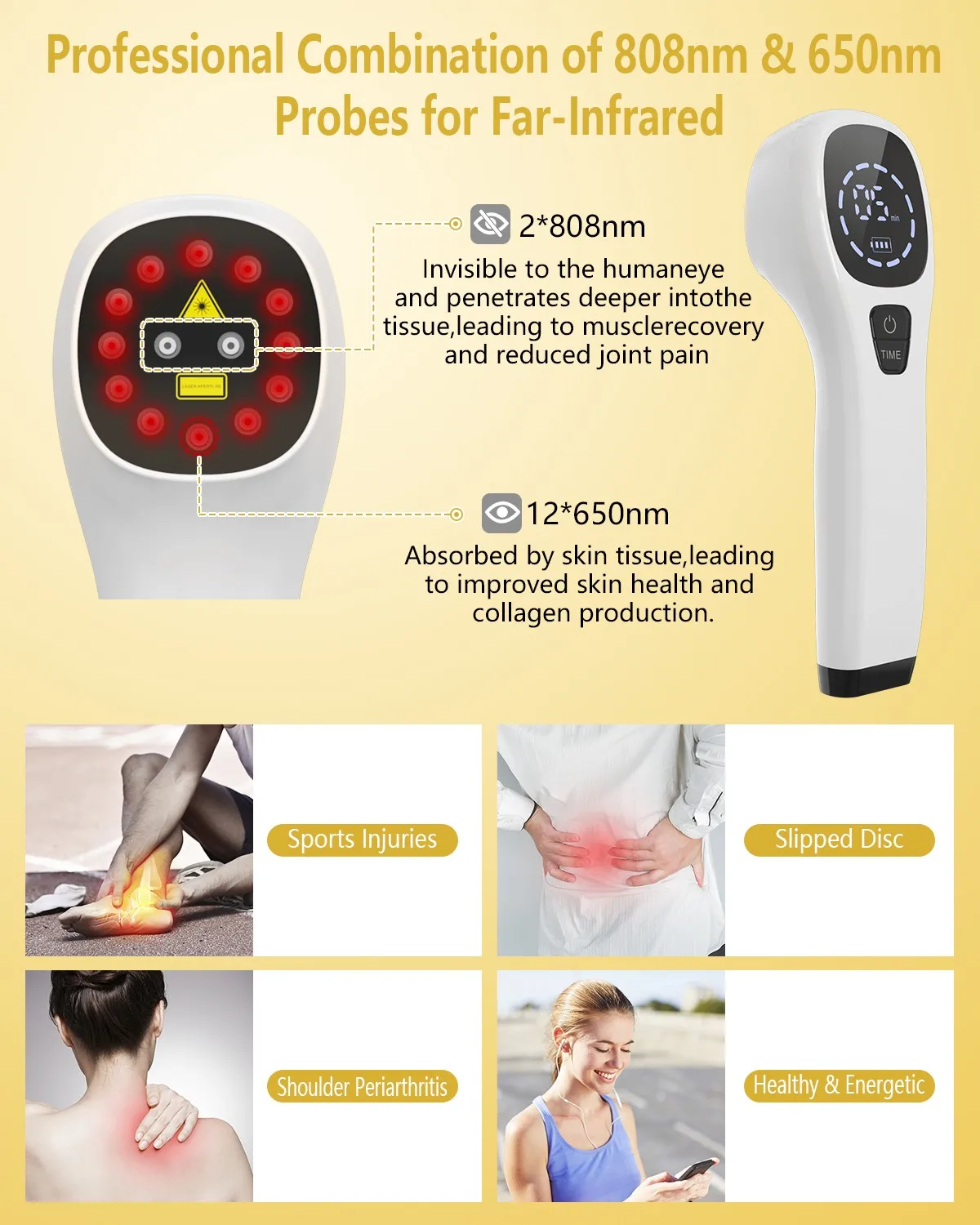2 x 808 nm kaltes Laser-Therapiegerät zur Schmerzlinderung im Körper, kostenlose Brille, keine Tasche, Phototherapie-Ausrüstung für Arthritis, Tennis, Ellenbogen, Haustier – Detail 5