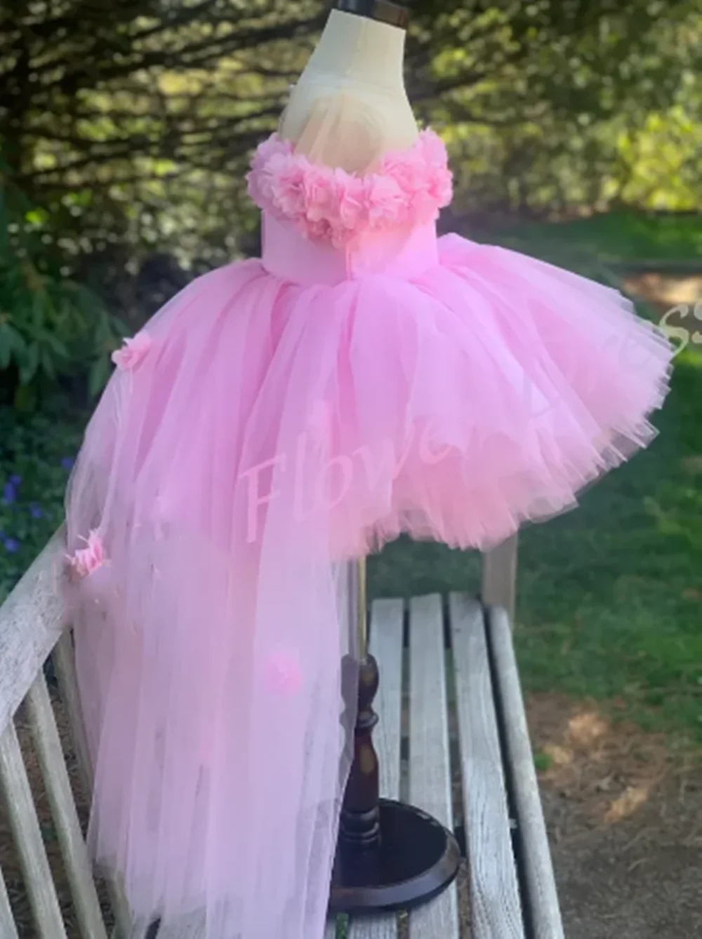 Pink Flower Girl Dress Princess Off Shoulder High Low Tulle Appliques Princess Dresses For Girls Birthday Party Gowns Customized