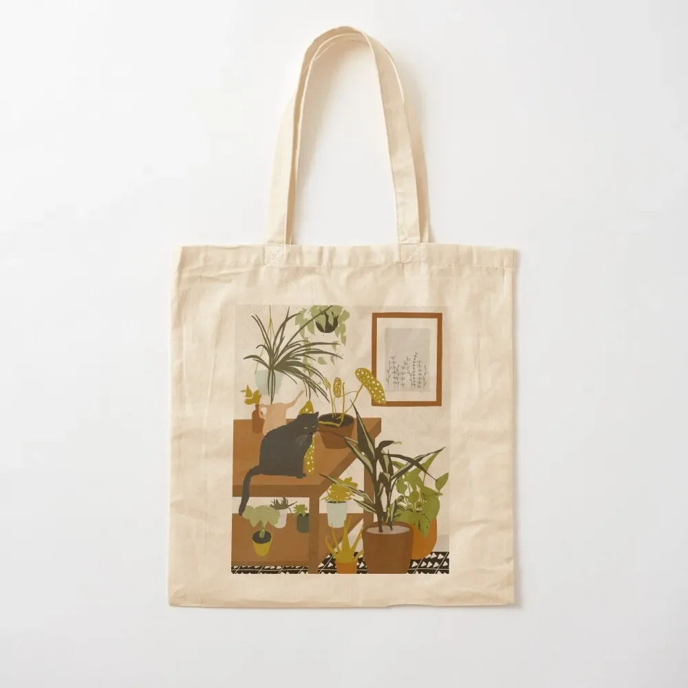 Plant & Cat Love Illustration Tote Bag shopping bag Custom bag woman shopping