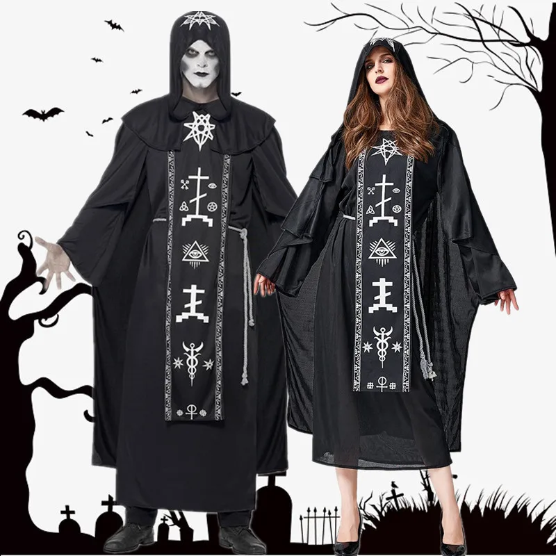

Halloween Adult Cosplay Couple Wizard Robe Dark Magician Performance Costume Men's Style Polyester Fiber Stage Outfit