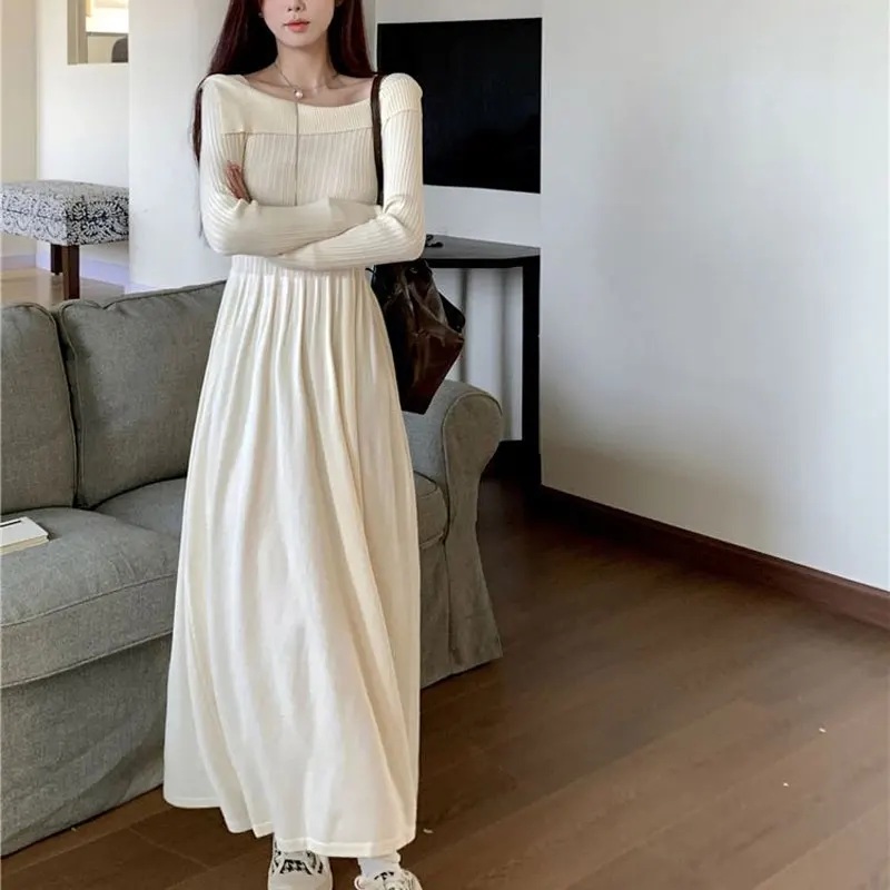 Slash Neck Elegant Long Dress Female Clothing Knitted Solid Color 2024 Autumn Basic Aura Long Sleeve Casual A-Line Waist Dresses