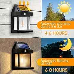 Lámpara Solar de noche de tungsteno, lámpara de pared con Sensor de movimiento inteligente, 3 modos de iluminación, impermeable, decoración de patio y jardín