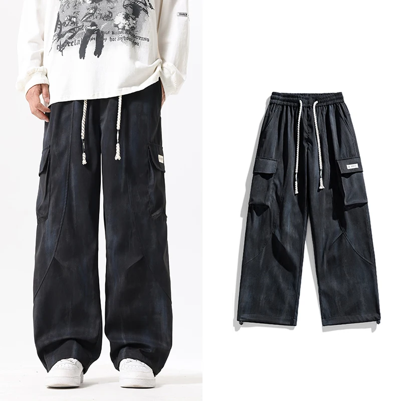 Nieuwe herfst grote zak cargobroek heren casual losse broek outdoor mode trend verven met gradiëntpatronen lange broek