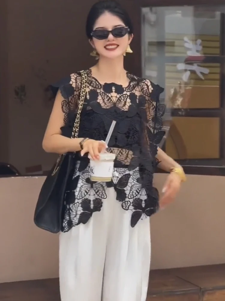 

Ele Embroidered Lace Cover up Women's Summer New Sle Hollow out Top Korean Version Loose Fit Color