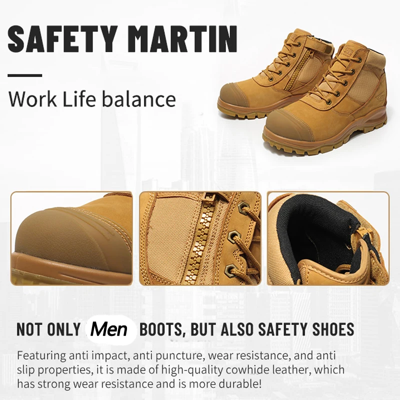 Genuine Leather Men's Boots Safety Shoes Indestructible Work Boots Steel Toe Shoes Puncture-Proof Security Protective Shoes Male
