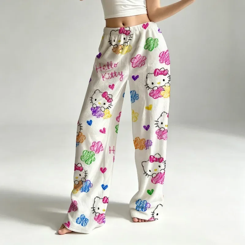 Hello Kitty Crayon Doodle Flannel Pajama Pants Womens Rainbow Heart Print Wide Leg Fleece Sleepwear Home Trousers Kawaii Gift