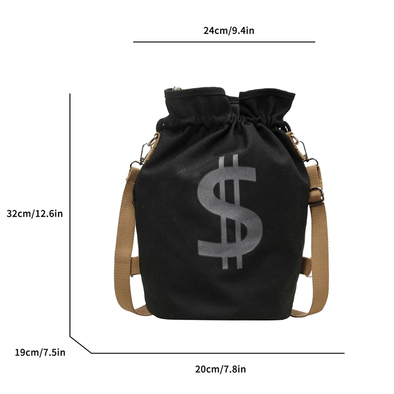 Tiptoegirls Streetwear Dollar Symbol Drawstring Sling Bag Black Canvas Shoulder Bag for Men Women Lightweight Hip-Hop Backpack