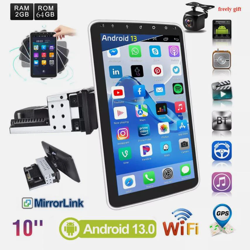 

High Quality Rotatable 10.1inch Android 13 2+64G Touch Car Stereo Radio 1 DIN GPS Navi BT FM RDS WIFI USB EQ SWC w/ Microphoe