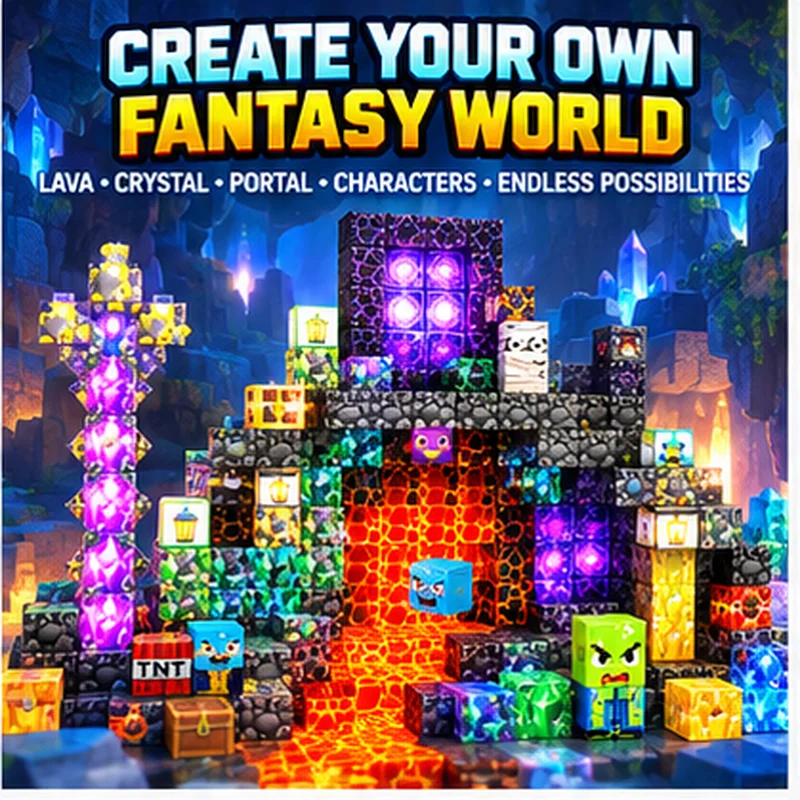 Magnetic Building Blocks Crystal City Fantasy Scene Set, Cubic Magnet Stacking Bricks, DIY Sparkling Landscape Construction Toy