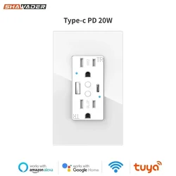 Shawader Tuya Wifi Prese a muro intelligenti USB Type-C Alimentazione US Presa PD20W Carica rapida Pannello in vetro Telecomando da Alexa Google Home