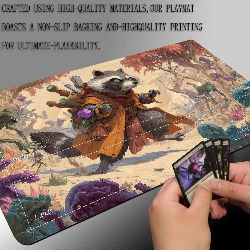 سجادة ألعاب المعركة من Desert Guardian Raccoon Warrior Magic Playmat مع سجادة مكتب لعب المنطقة MTG مناسبة لجمع الألعاب