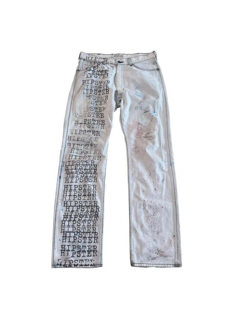 

NumberNine 02ss Splatter Ink Print Mud Dyeing Destroyed Denim Jeans Hipster Long Trousers Straight Leg Fit Casual All Seasons