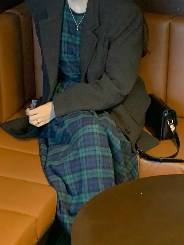 Início do outono xadrez longo sve feminino dr camada base coreano sle aosphere sensação faion ci commute dr