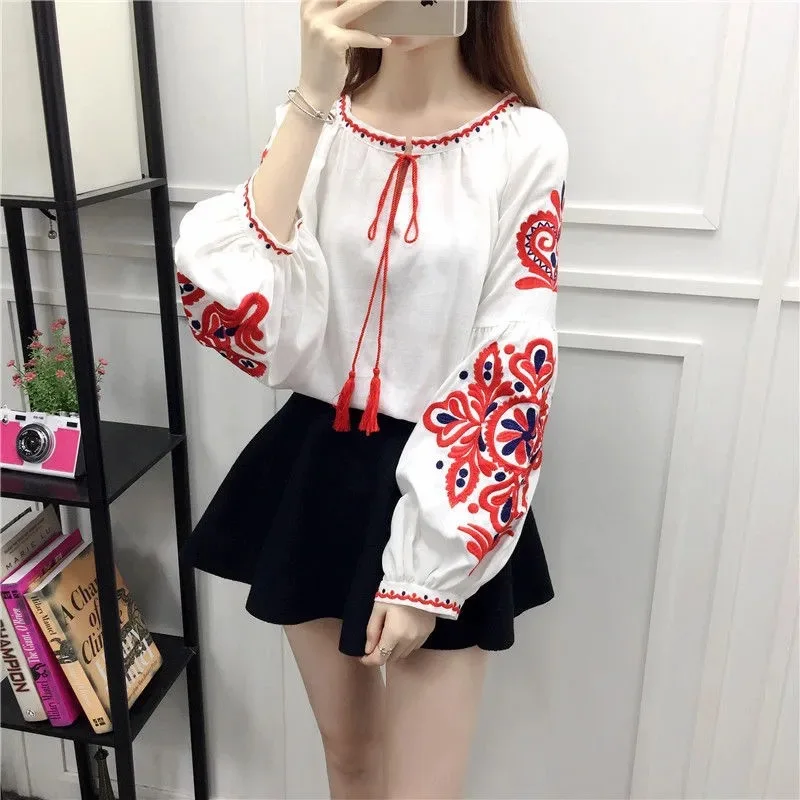 Women's Blouse National Style Embroidered Lace-Up Tassel V-Neck Lantern Sleeve Shirt Tops Loose All-Match Female Blusa w758