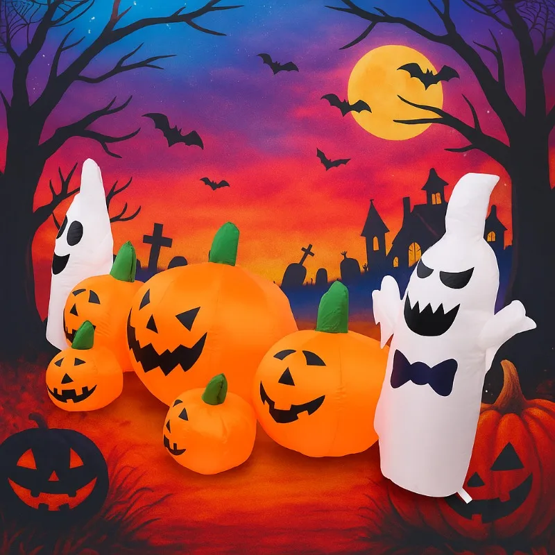 2.3 متر/7.5FT لعبة قابلة للنفخ اليقطين شبح مجموعة في الهواء الطلق حديقة ساحة الحديقة ديكور هالوين ديكور نفخ نموذج المدمج في أضواء LED