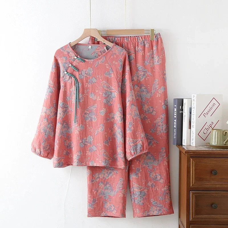 الصينية الرجعية نمط منامة المرأة الغزل مصبوغ طبقة مزدوجة الغزل Homewear الأزهار جولة الرقبة طويلة الأكمام السراويل ملابس المنزل