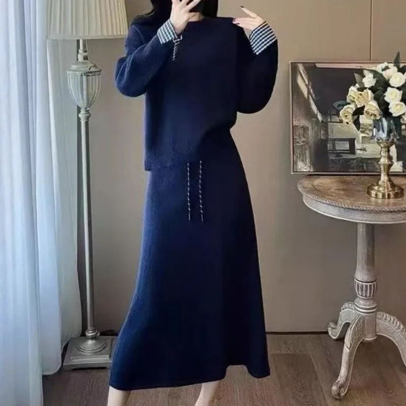Ensemble pull paresseux automne et hiver, nouveau tempérament ample, jupe pull tricotée fine, ensemble deux pièces