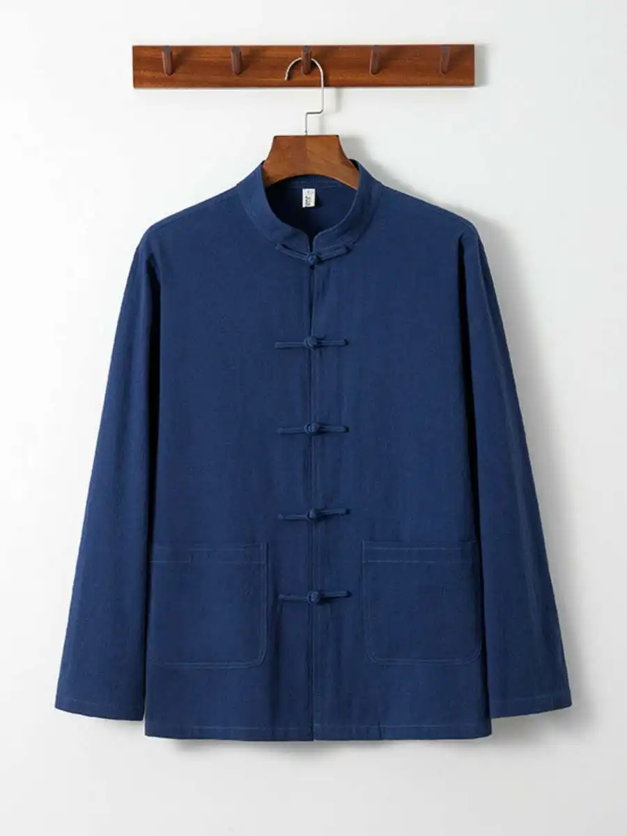 

Мужская хлопково-льняная длинная све с воротником-стойкой, винтажная рубашка на пуговицах, весна-осень, модная повседневная удобная посадка irt