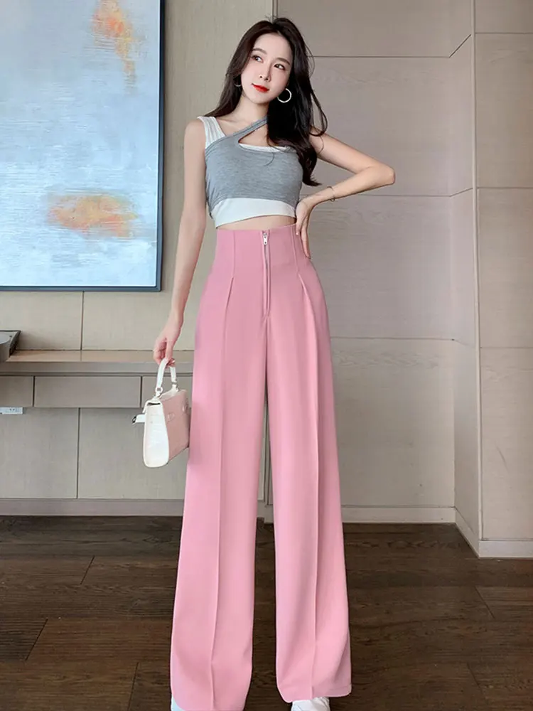 JXMYY 2024 Pure Relief New High-Waist Zipper Loose Drape Thin Section Women\'s Wide-Leg Straight Suit Slim And Versatile Trousers