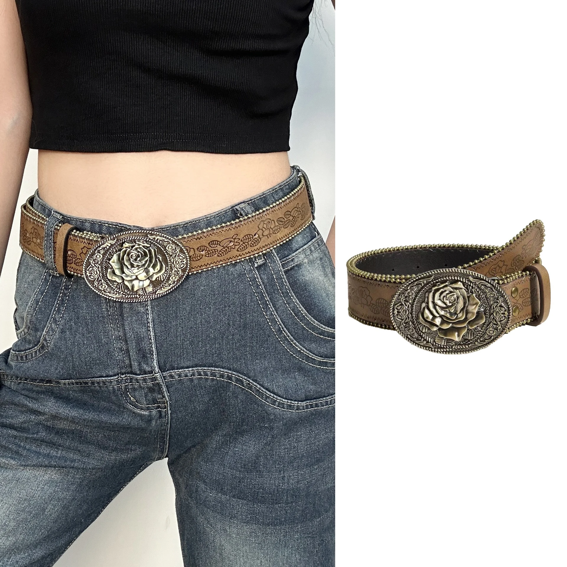1PC Vintage Carved Buckle PU Wide Belts Boho Brown Embossed Waistband Western Jeans Pants Belt