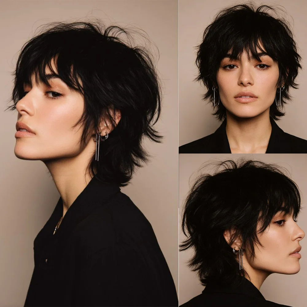 باروكات شعر بشري قصير للنساء ذوات البشرة السمراء، شعر مستعار مجعد ذو طبقات عابث، شعر بشري ريمي مصنوع آليًا للاستخدام اليومي