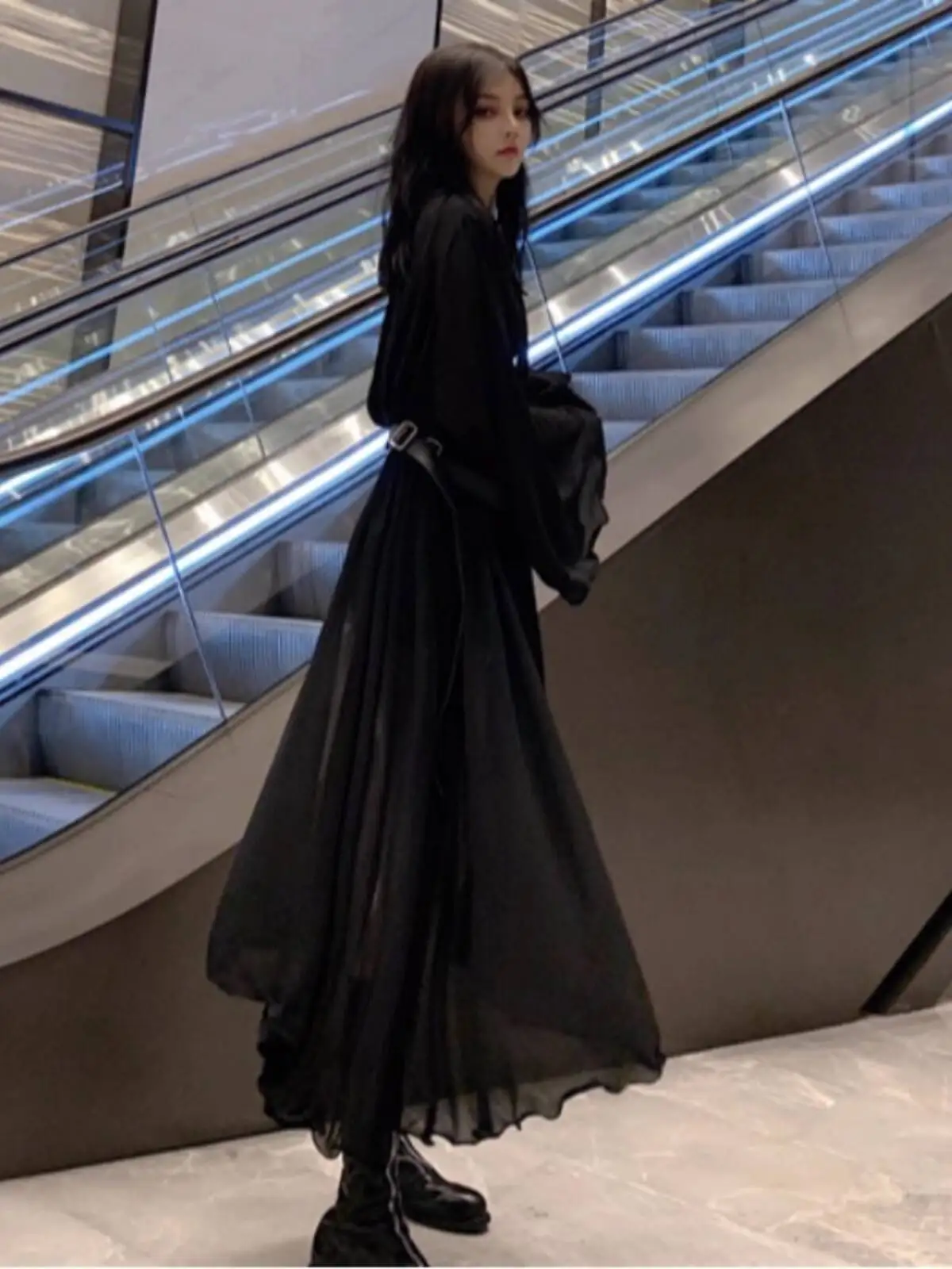 Verão sexy fada como camisa vestido feminino escuro irregular decote em v designer chiffon blusa magro encaixe comprimento médio