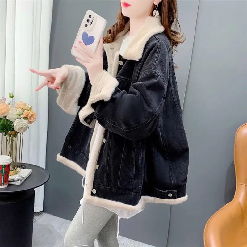 Women's Thick Double Sided Denim Coat Anime Winter New Product Girls' Lamb Warm Cotton Jacket Cartoon Fashion Loose Down Jacket