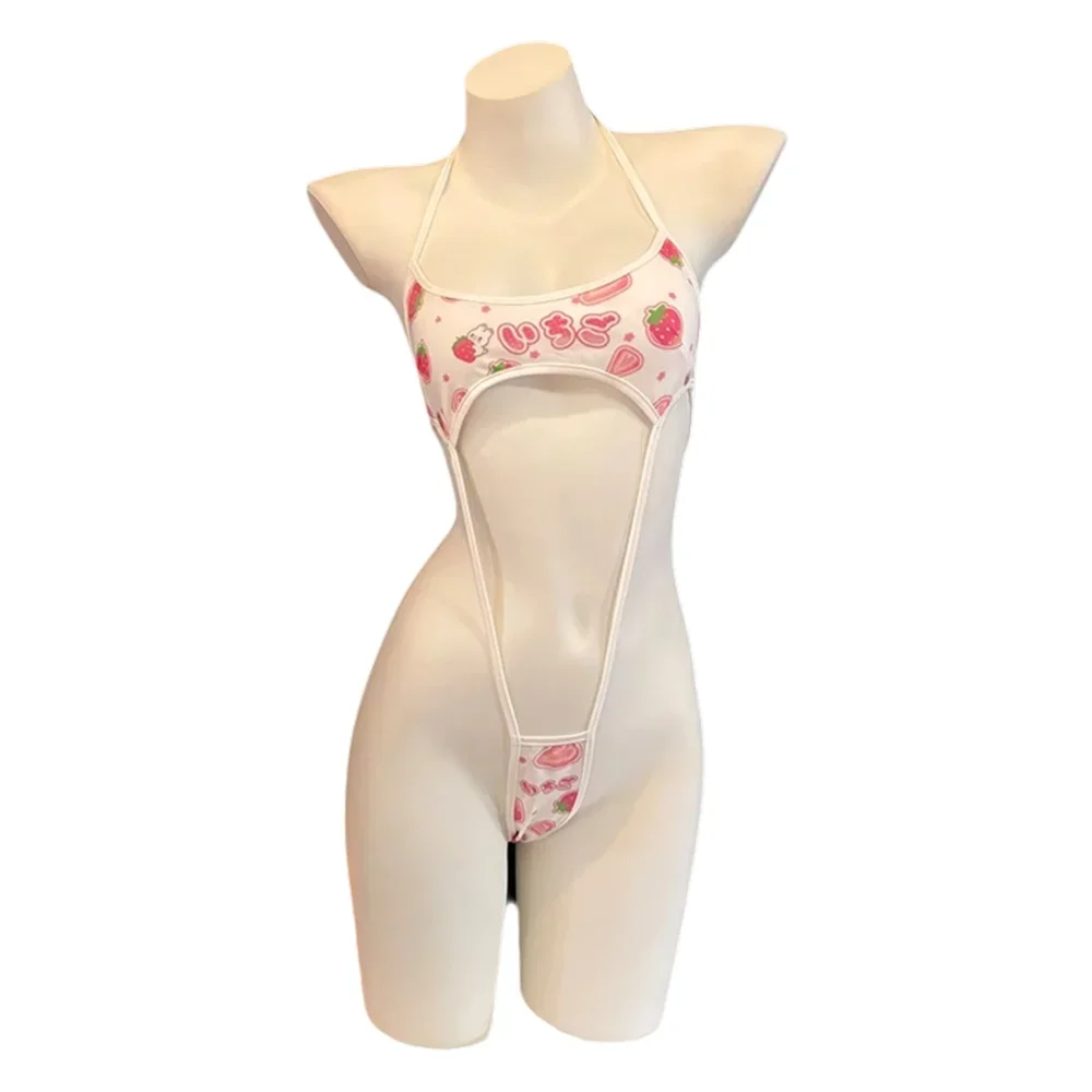 

Горячий эротический сексуальный Kawaii мини трехточечный бюстгальтер на шнуровке, трусики, комбинезон, клубничное бикини, пляжный купальник, трусики, комбинезон для косплея, комплект