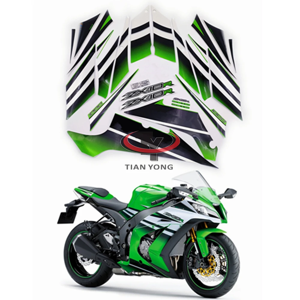 High Quality Sticker Full Kit For ZX10R ZX 10R 2011-2012-2013-2014-2015 Silkscreen Applique Green, Black White Gradient Prints