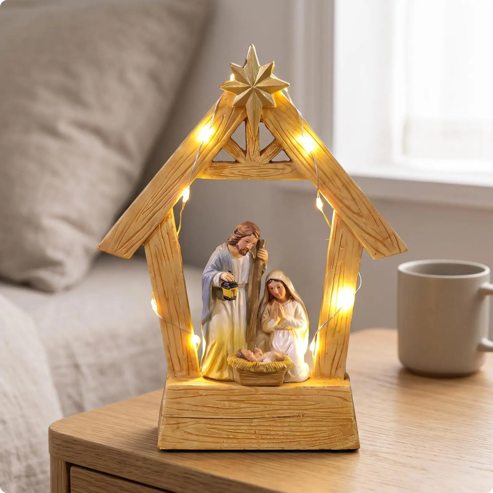 Christmas Nativity Scenes Lamp with LED for Mancave Decoration Resin Holy Family Tabletop Piece
