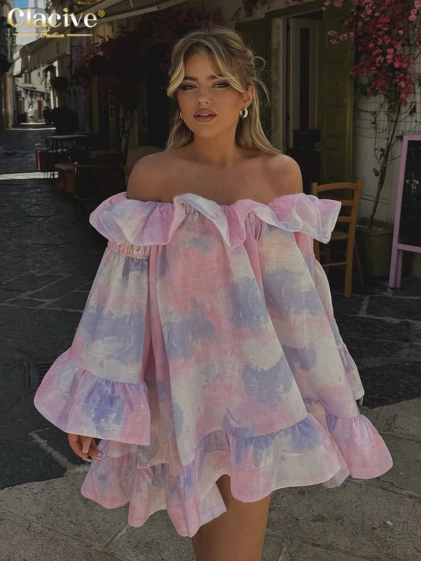 

Clacive Sexy Loose Print Women's Dress 2025 Fashion Slash Neck Long Sleeve Mini Dresses Elegant Classic Pleated Female Dress