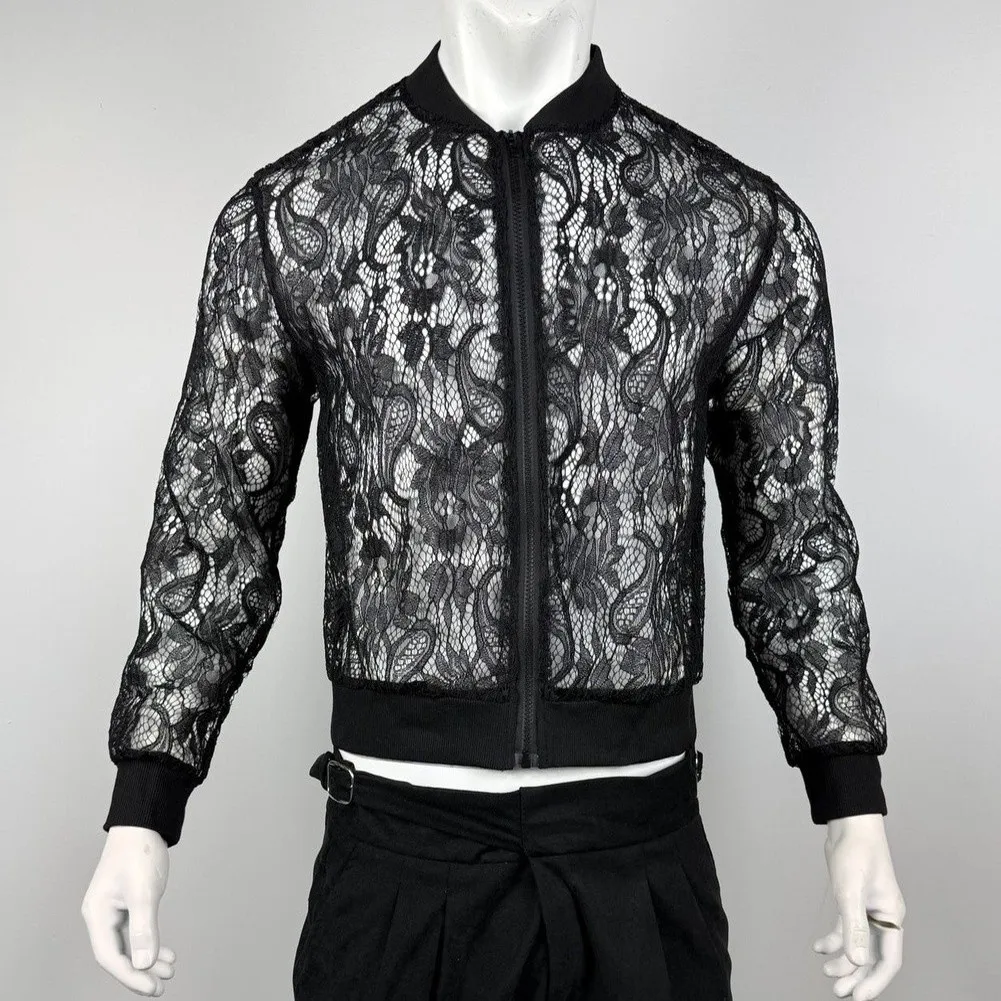 Long Sleeve Men's Mesh Jacket with Delicate Embroidered Lace Panels Hollow Out Detail and Functional Front Zipper Closure