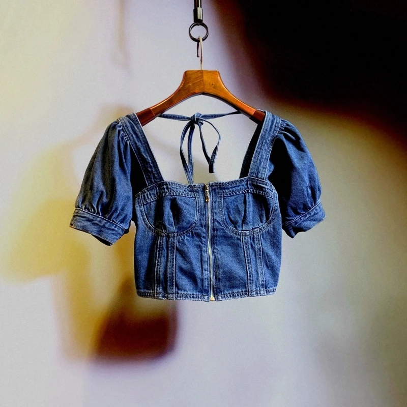 

Spring Summer Women Vintage Blue Slim Thin Short Denim Tops Fashion Square Collar Zipper Short Sleeve Female Jeans Jacket Coat