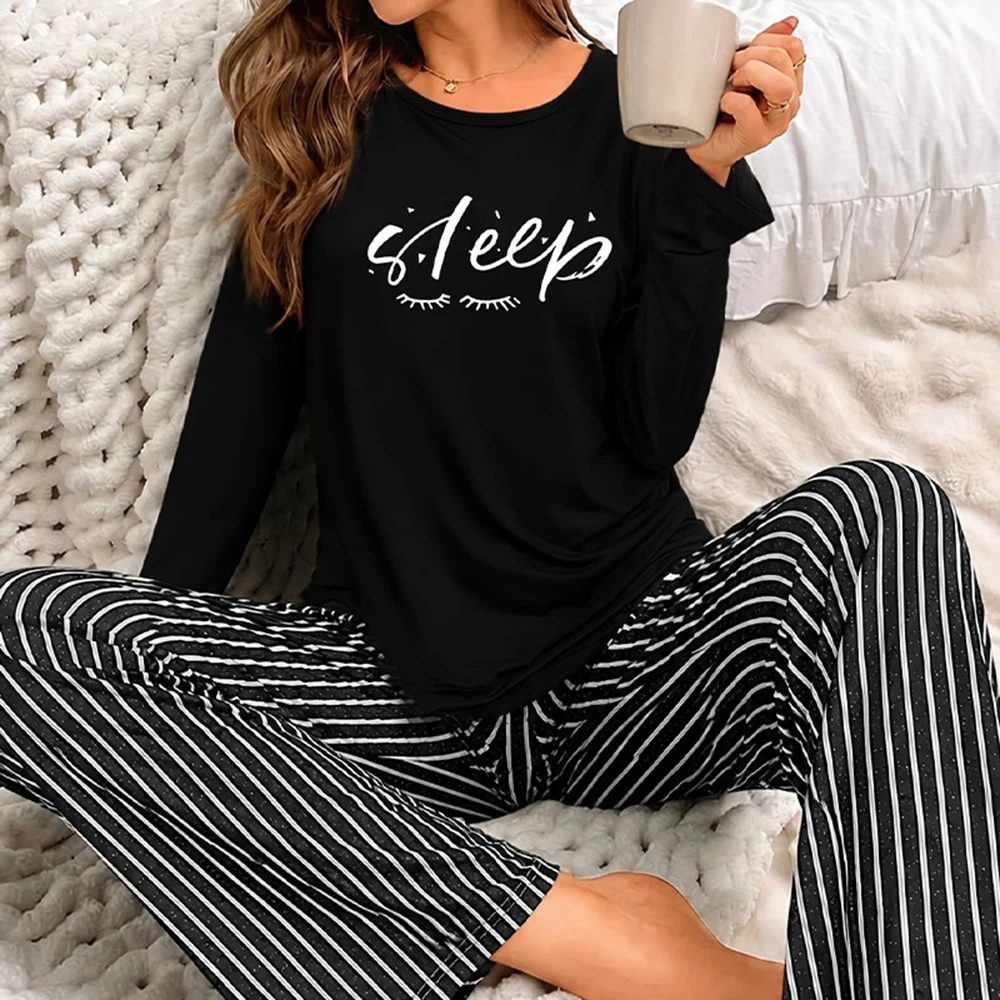 Women Pajamas Set Long Sleeve Sleep Letter Print Top Striped Pants 2 Piece Loungewear Casual Homewear Ladies Sleepwear Pijama 4