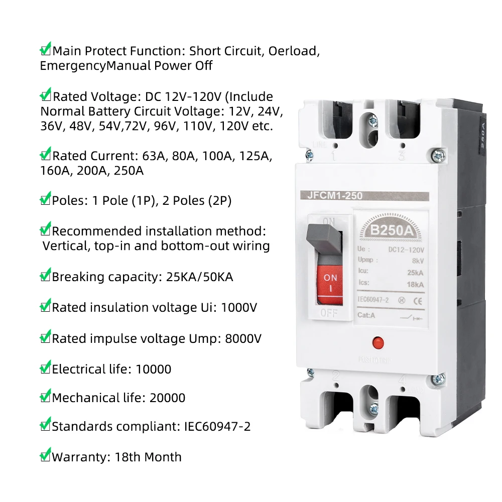 MCCB DC12V 24V 48V 60V 110V  250A Moulded Case Circuit Breaker Battery 100A 200A 300A 400A 600A Car Charging  Pile Protector