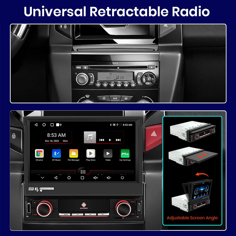 Junsun HD Universal Retractable Wireless Carplay Android Auto Car Radio Multimedia MP5 Player 1 Din Car Intelligent System