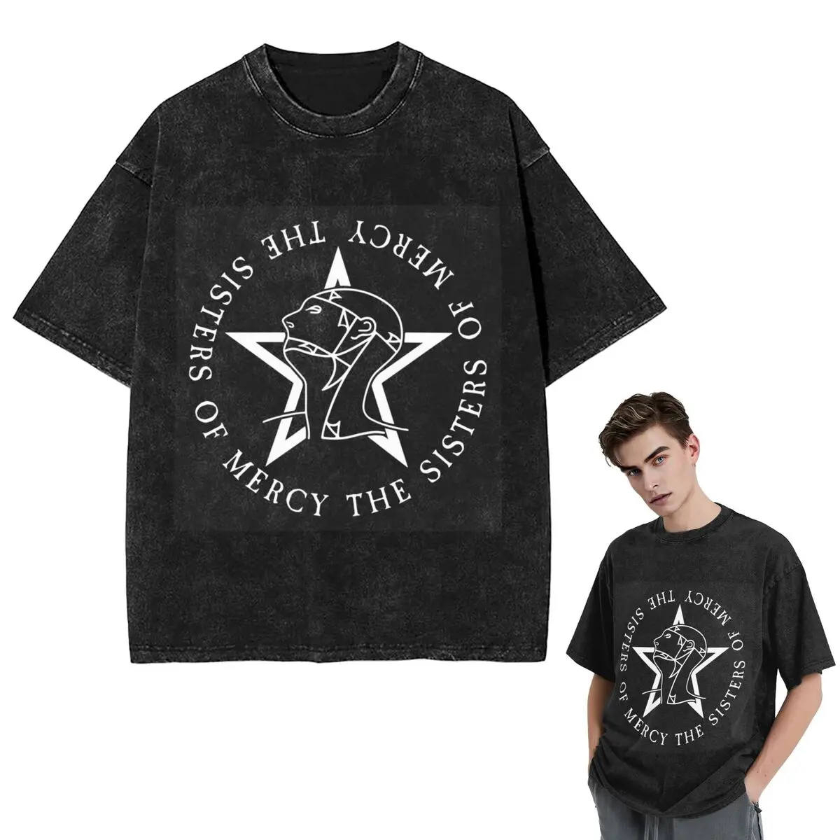Streetwear T-Shirts Round Text Logo Goth The Sisters Of Mercy Washed T Shirt Short Sleeve Hip Hop T-Shirt Tops Tees Men Women