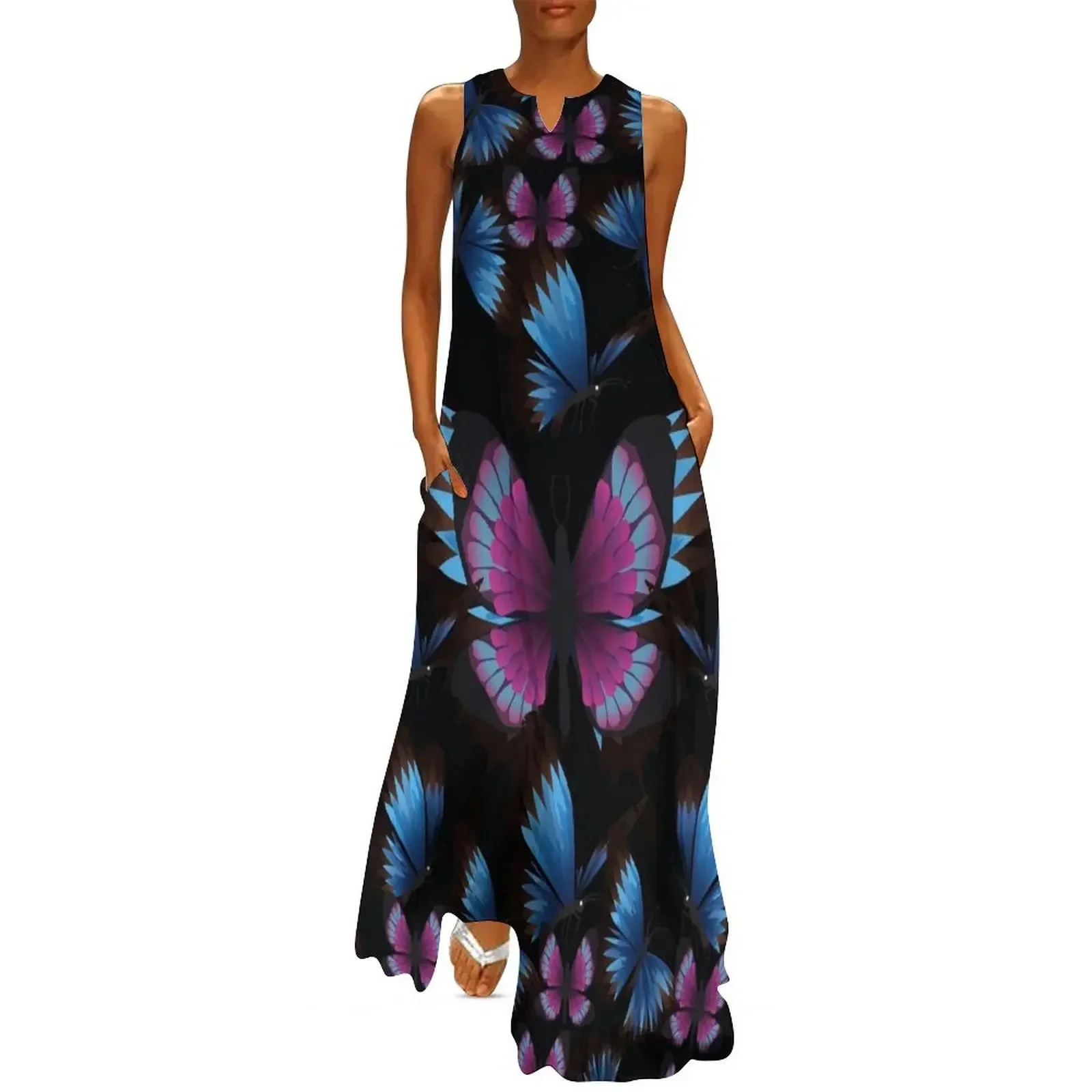

Blue and pink butterflies Long Dress Elegant gown cute dress Women's skirt elegant dress