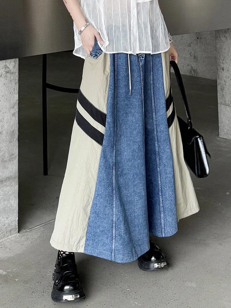 [EAM] High Elastic Waist Apricot Striped Denim Color-block Half-body Skirt Women Fashion Tide New Spring Autumn 2025  1DH6462