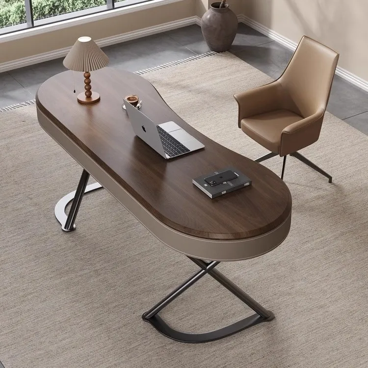 High-end solid wood desk light luxury modern simple saddle leather home study bedroom walnut leather office computer desk