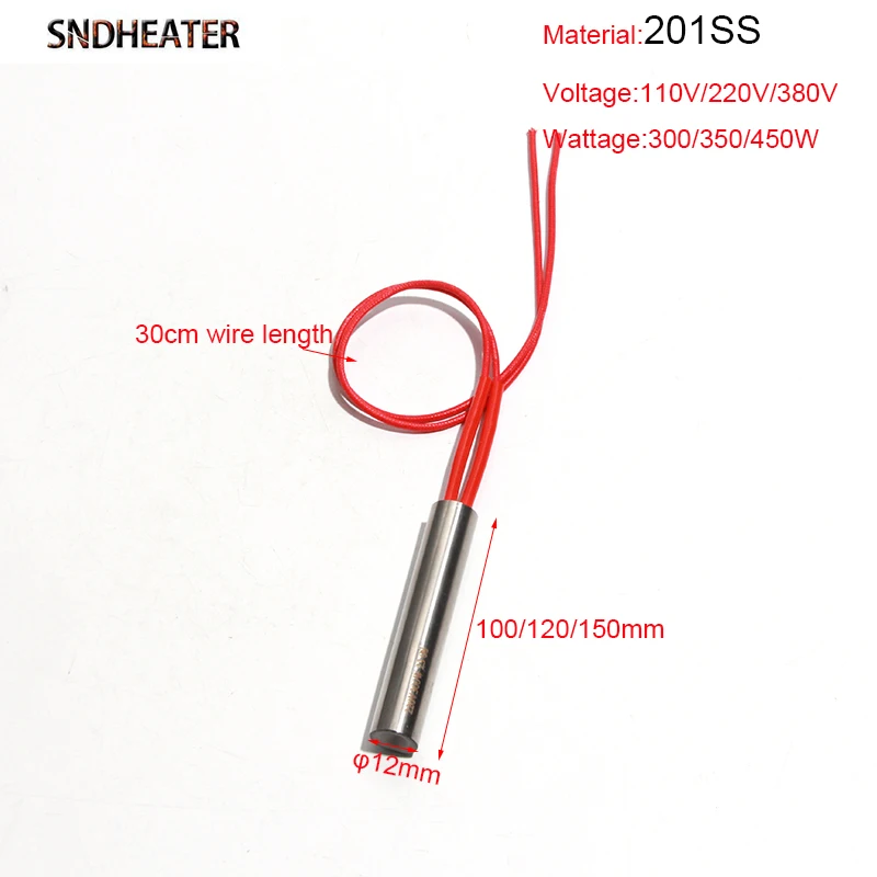 SNDHEATER 12X100/120/150mm Cartridge Heating Tube 110V/220V/380V Stainless Steel Sleeve Heater Rod Single End Pipe 300-450W 5pcs