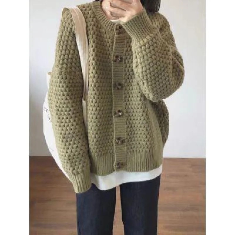 

Retro Crew Neck Cardigan Women's Loose and Lazy Style Outer Wear Japanese Soft Glutinous Gentle Sweater Coat