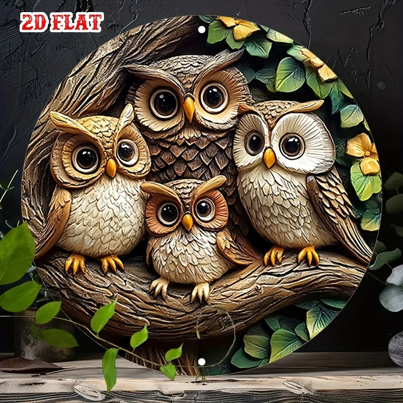 2D Flat 1pc Retro Aluminium Metall Blechschild, Eule Rundes Aluminiumschild, Vintage Rustikale Metallwandkunst - 3D-Effekt Eulen im Nest mit