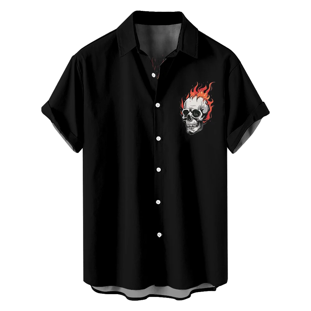 2024 new skull trend PROM party fashion brand senior Flame print travel summer black loose short sleeve shirt