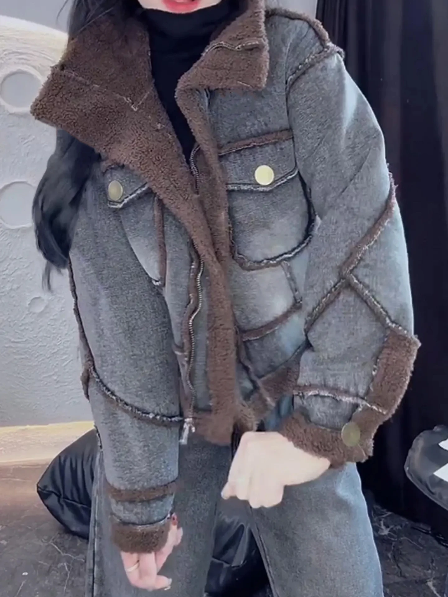 

Ретро-куртка из денима с вставками для женщин, модный теплый комплект из двух предметов с флисовой подкладкой, роскошная легкая верхняя одежда