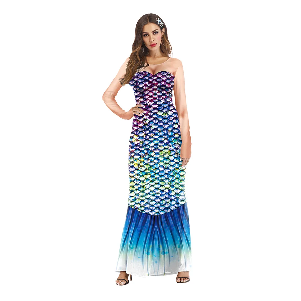 Zawaland Fancy Sexy Mermaid Dress Long Sleeveless Fish Tail Skirt Theme Carnival Party Night Sheath Dress Girl Summer Costume